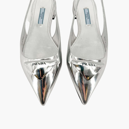 Prada Triangle Logo Slingback Flat in Metallic Silver Leather Size 37