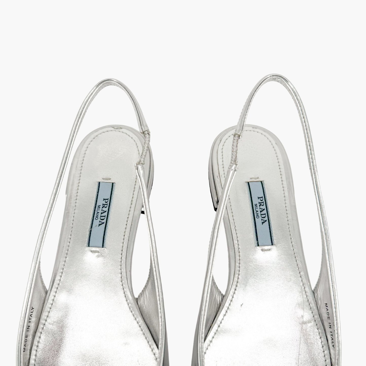 Prada Triangle Logo Slingback Flat in Metallic Silver Leather Size 37