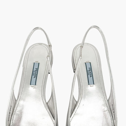 Prada Triangle Logo Slingback Flat in Metallic Silver Leather Size 37