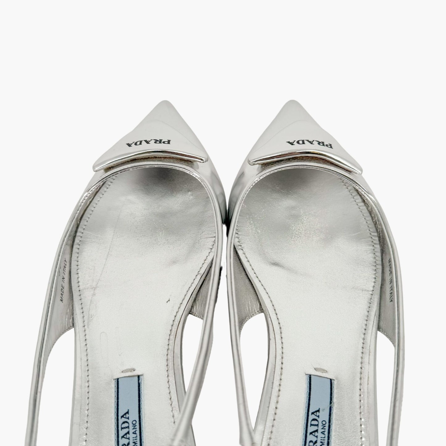 Prada Triangle Logo Slingback Flat in Metallic Silver Leather Size 37