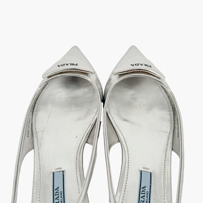 Prada Triangle Logo Slingback Flat in Metallic Silver Leather Size 37