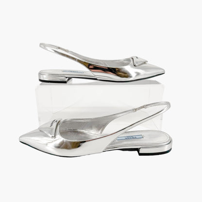 Prada Triangle Logo Slingback Flat in Metallic Silver Leather Size 37