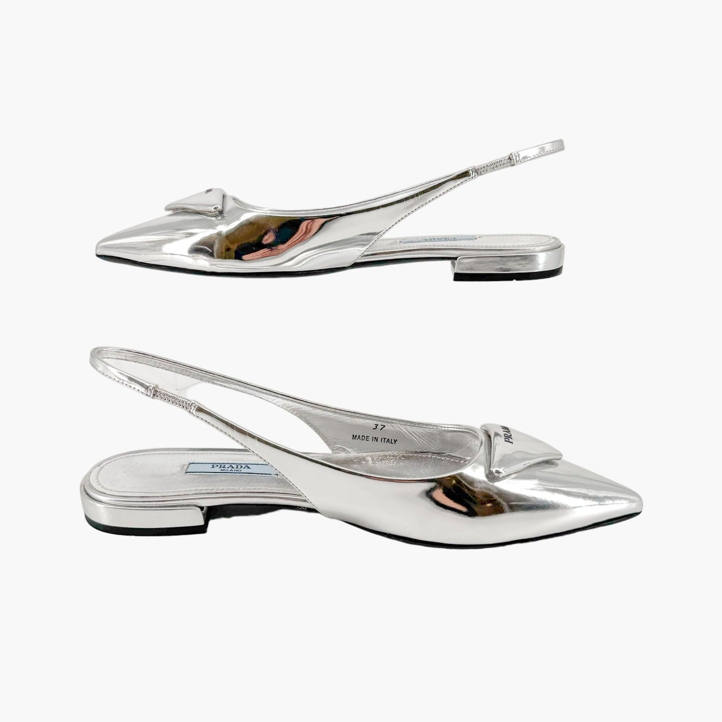 Prada Triangle Logo Slingback Flat in Metallic Silver Leather Size 37