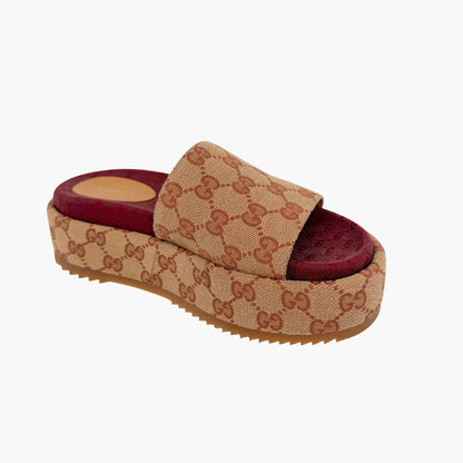 Gucci Angelina Platform Slide Sandals Beige GG Canvas Size 36.5