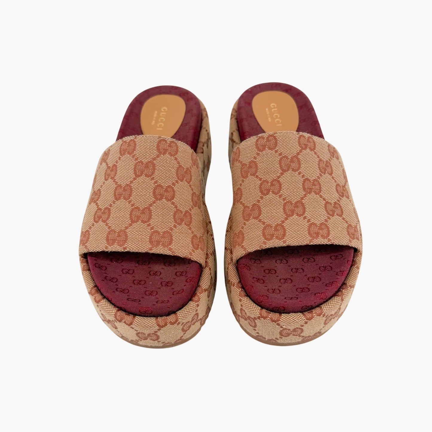 Gucci Angelina Platform Slide Sandals Beige GG Canvas Size 36.5