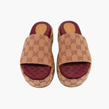 Gucci Angelina Platform Slide Sandals Beige GG Canvas Size 36.5