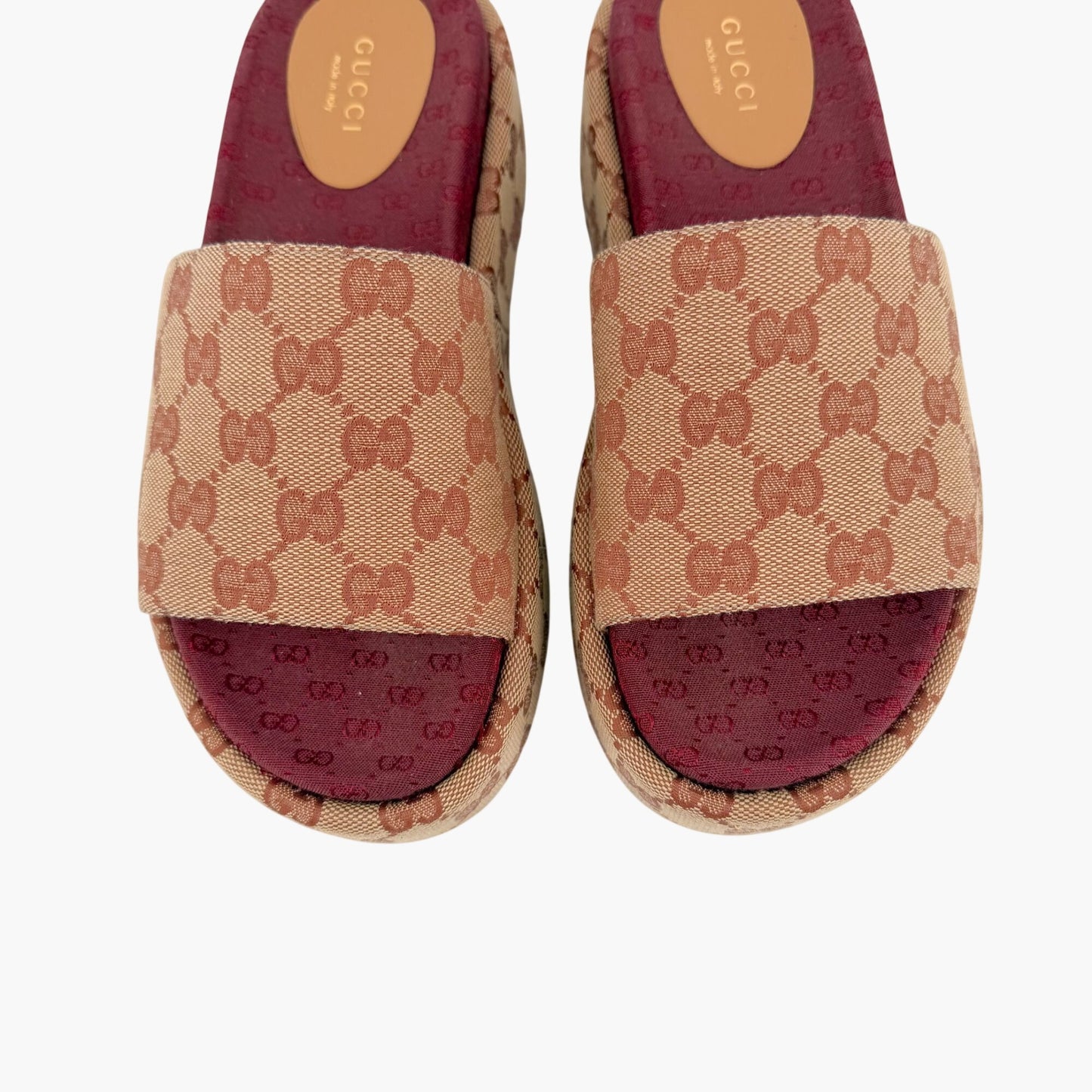 Gucci Angelina Platform Slide Sandals Beige GG Canvas Size 36.5