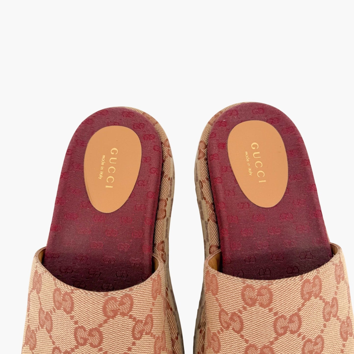 Gucci Angelina Platform Slide Sandals Beige GG Canvas Size 36.5