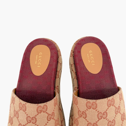 Gucci Angelina Platform Slide Sandals Beige GG Canvas Size 36.5