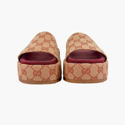 Gucci Angelina Platform Slide Sandals Beige GG Canvas Size 36.5