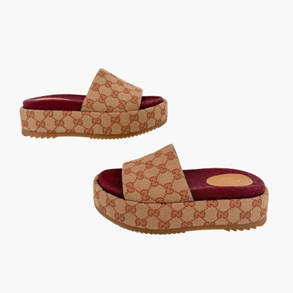 Gucci Angelina Platform Slide Sandals Beige GG Canvas Size 36.5