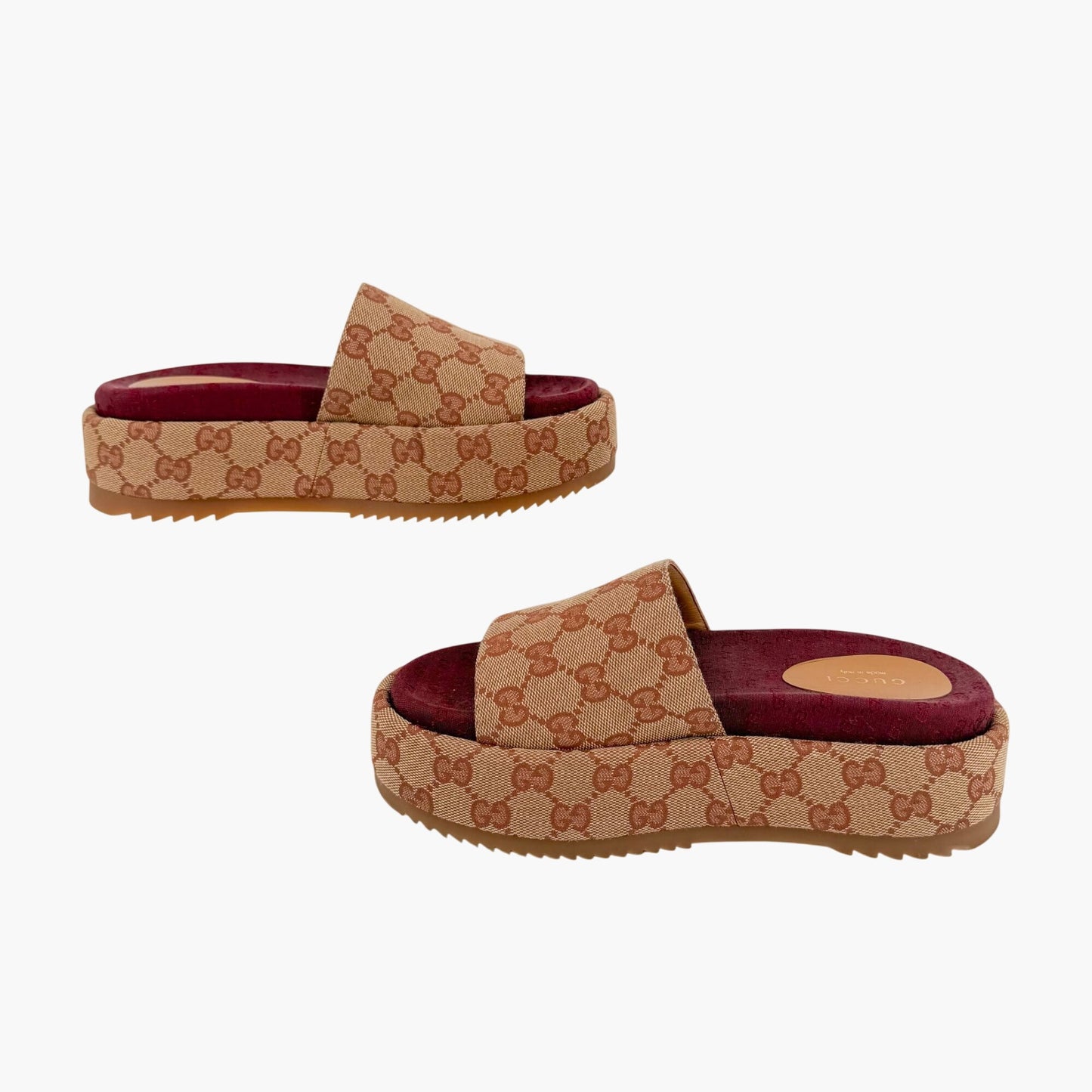 Gucci Angelina Platform Slide Sandals Beige GG Canvas Size 36.5