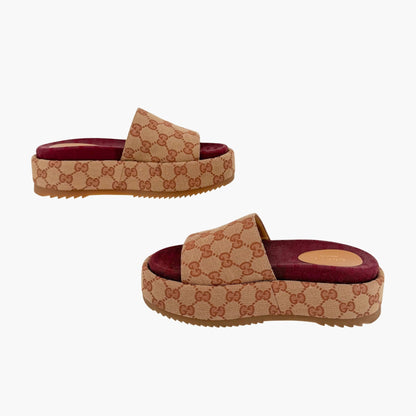 Gucci Angelina Platform Slide Sandals Beige GG Canvas Size 36.5