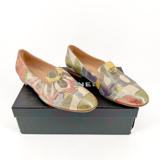 Chanel Metallic CC Loafer Flats in Multicolor Floral Lurex Size 40