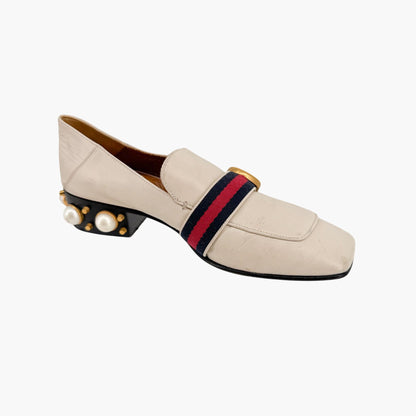 Gucci Peyton GG Pearl Embellished Loafers in White Leather Size 38