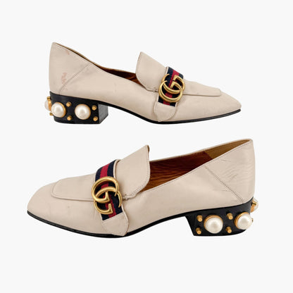 Gucci Peyton GG Pearl Embellished Loafers in White Leather Size 38