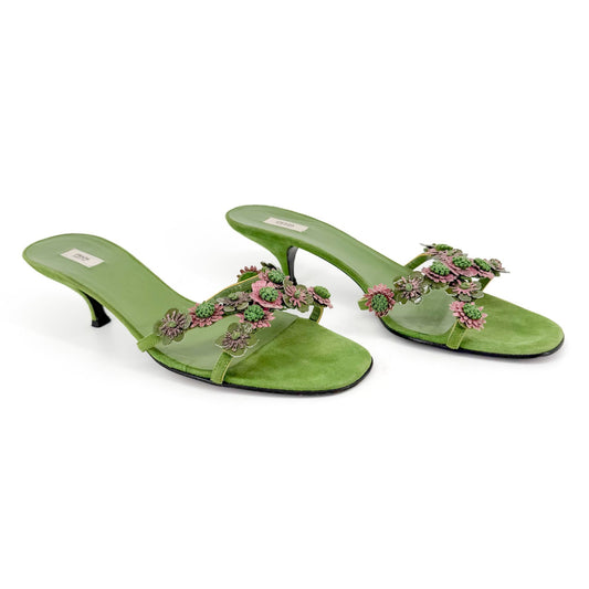 Prada Vintage Flower Kitten Mule Sandals in Green Suede Size 41