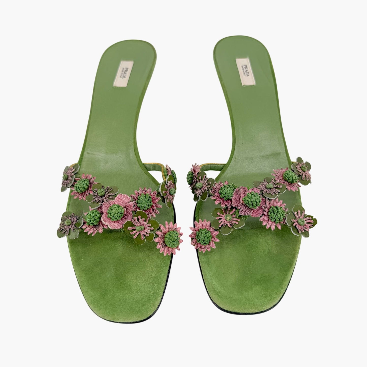 Prada Vintage Flower Kitten Mule Sandals in Green Suede Size 41