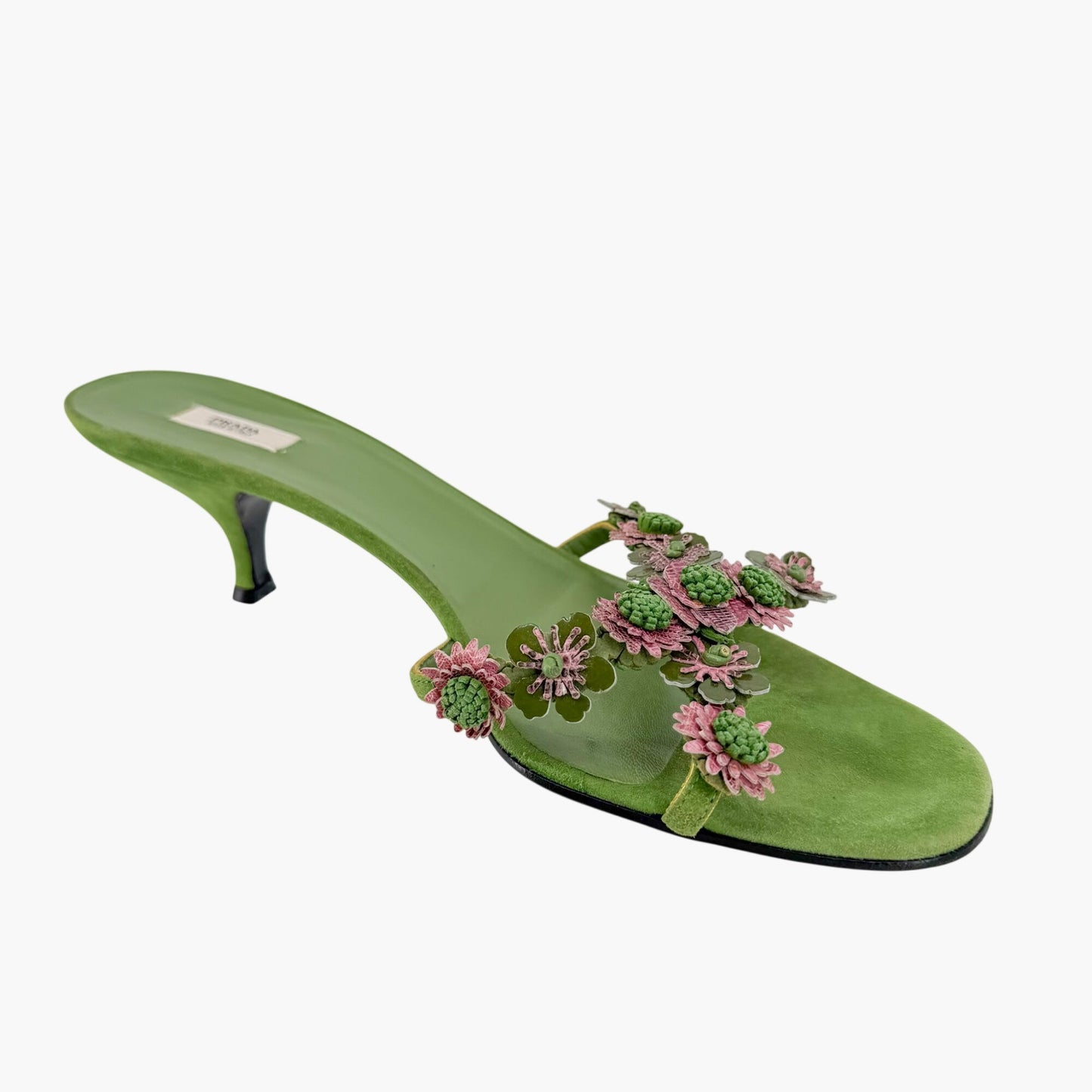 Prada Vintage Flower Kitten Mule Sandals in Green Suede Size 41