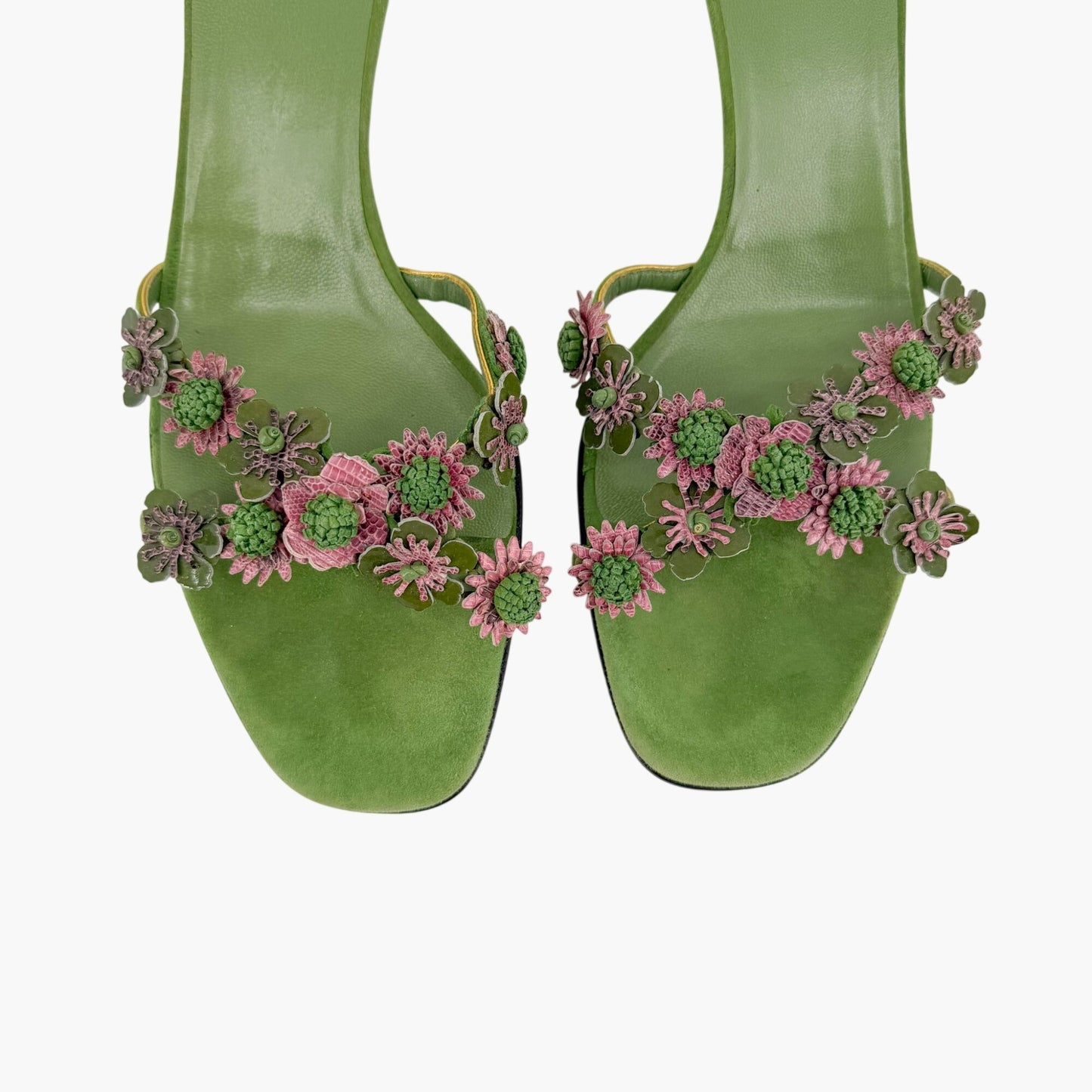 Prada Vintage Flower Kitten Mule Sandals in Green Suede Size 41