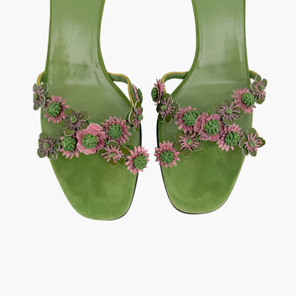 Prada Vintage Flower Kitten Mule Sandals in Green Suede Size 41