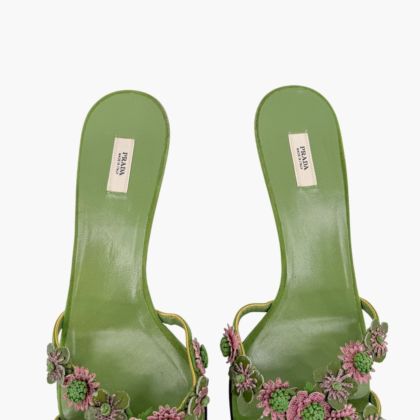 Prada Vintage Flower Kitten Mule Sandals in Green Suede Size 41