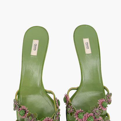 Prada Vintage Flower Kitten Mule Sandals in Green Suede Size 41