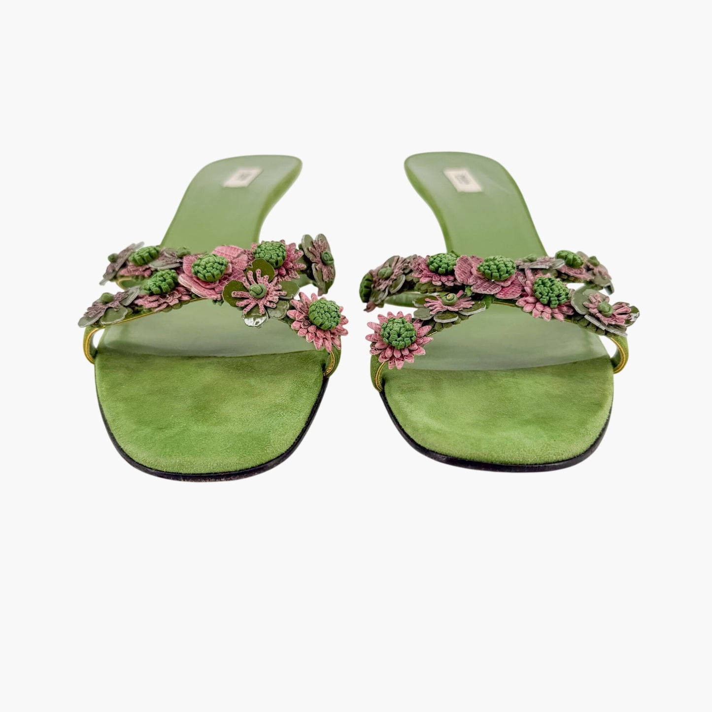 Prada Vintage Flower Kitten Mule Sandals in Green Suede Size 41
