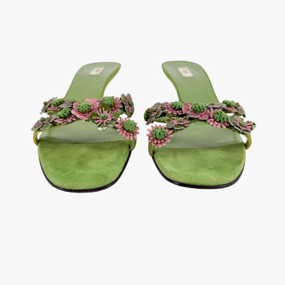 Prada Vintage Flower Kitten Mule Sandals in Green Suede Size 41