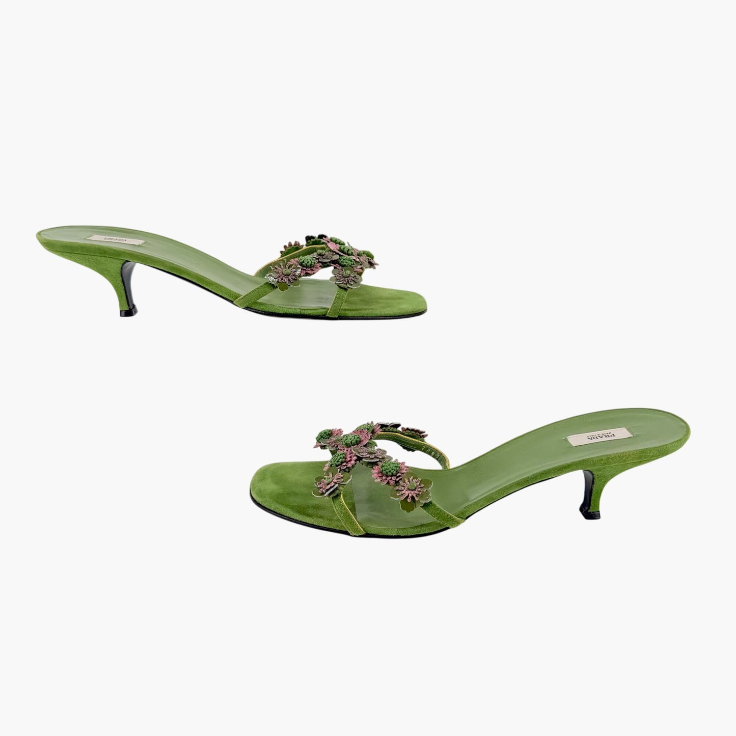 Prada Vintage Flower Kitten Mule Sandals in Green Suede Size 41