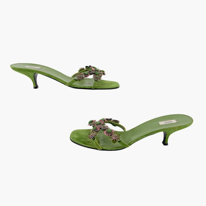 Prada Vintage Flower Kitten Mule Sandals in Green Suede Size 41