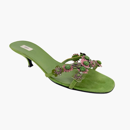 Prada Vintage Flower Kitten Mule Sandals in Green Suede Size 41