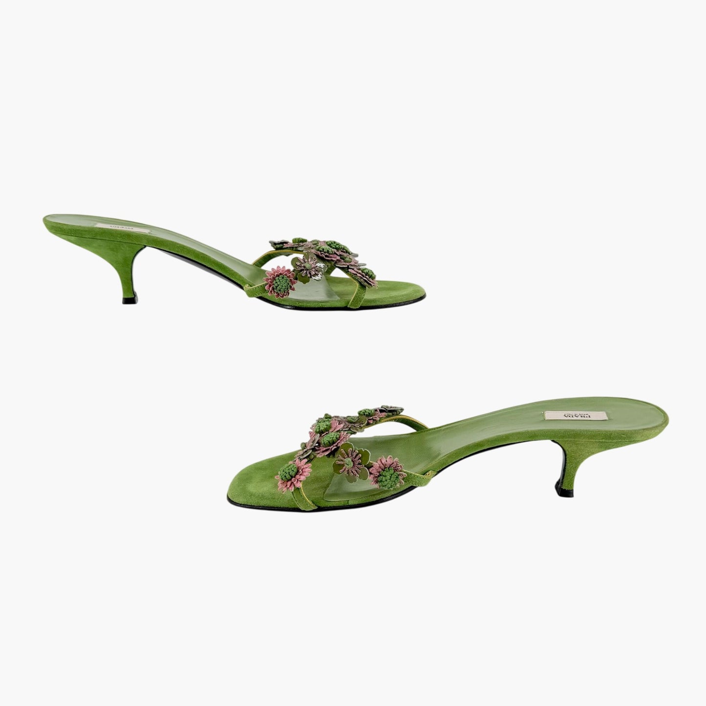 Prada Vintage Flower Kitten Mule Sandals in Green Suede Size 41
