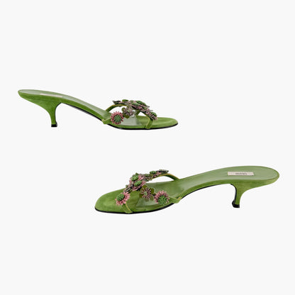 Prada Vintage Flower Kitten Mule Sandals in Green Suede Size 41