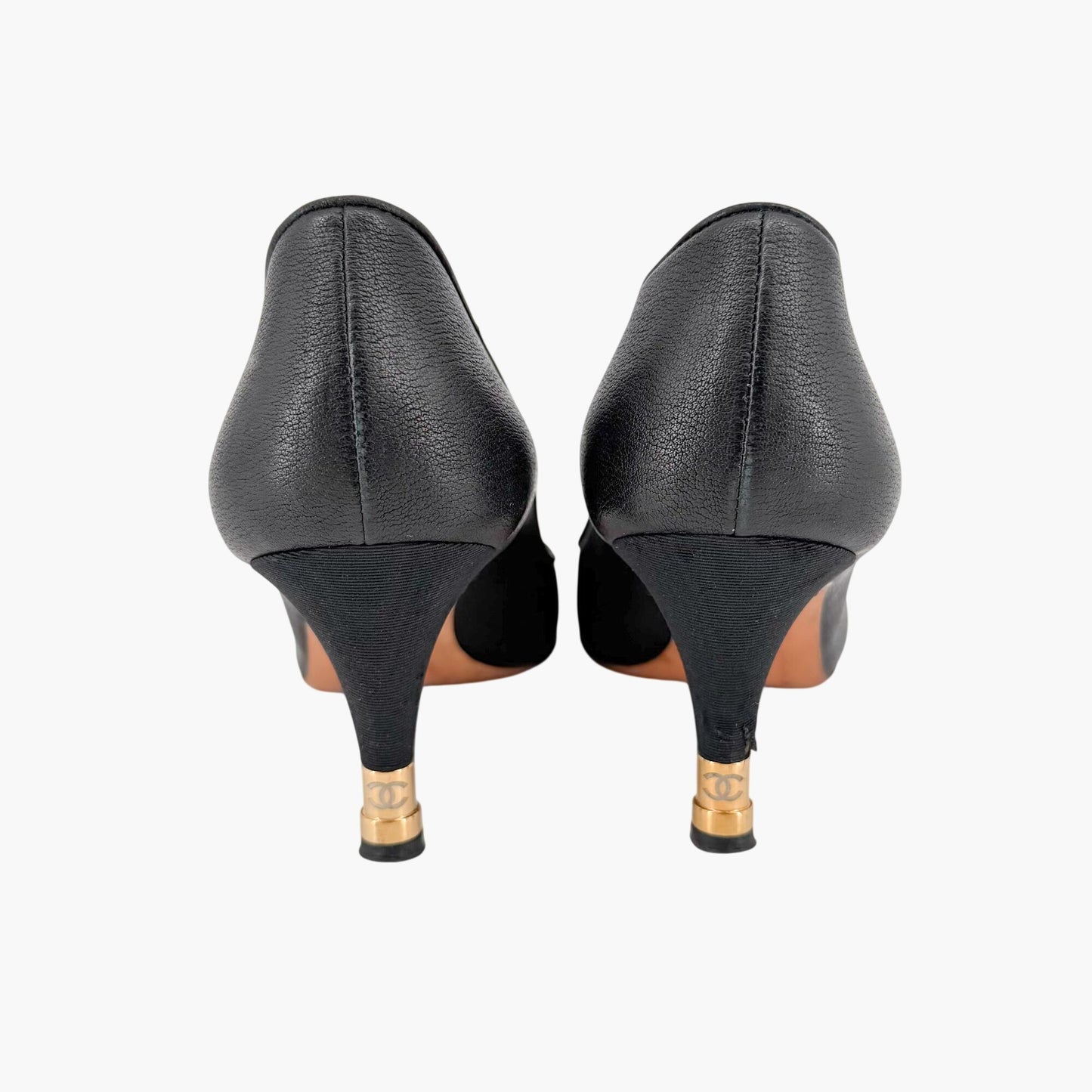 Chanel CC Cap Toe Pumps Heels Black Leather Size 38 US 7-7.5 Women’s