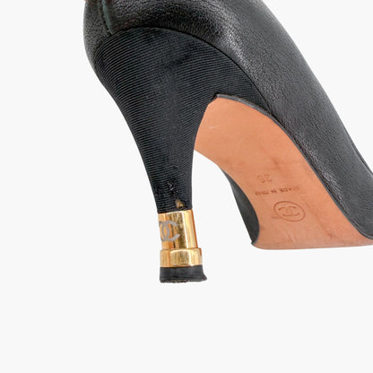 Chanel CC Cap Toe Pumps Heels Black Leather Size 38 US 7-7.5 Women’s