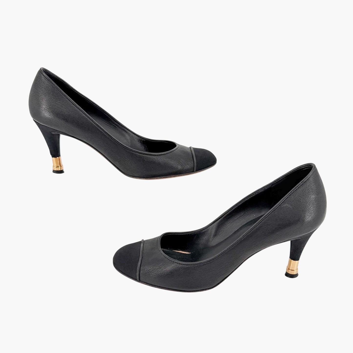 Chanel CC Cap Toe Pumps Heels Black Leather Size 38 US 7-7.5 Women’s