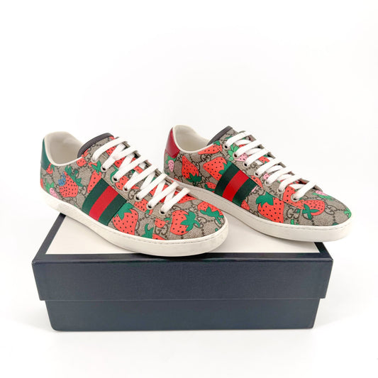 Gucci Ace Web Stripe Sneaker in Beige GG Strawberry Print Size 38