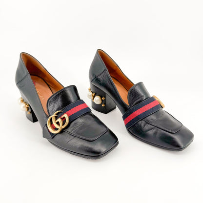 Gucci Peyton GG Pearl Embellished Block Heel Pumps in Black Leather Size 37.5