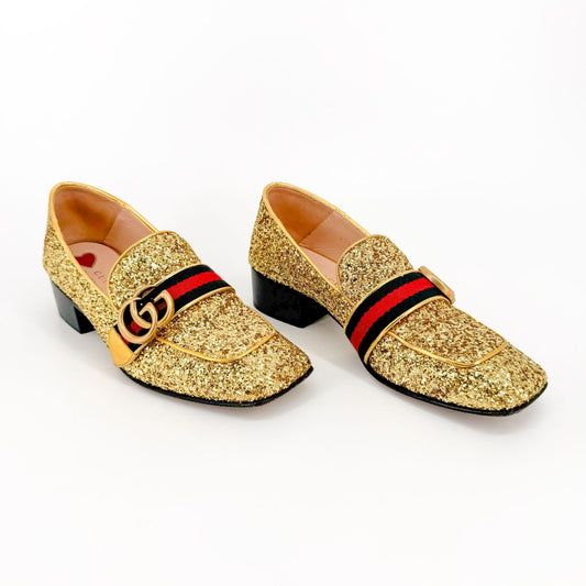 Gucci Peyton GG Loafer in Metallic Gold Glitter Size 36.5