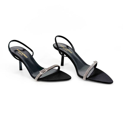 Saint Laurent Rendez Vous 75 Slingback Sandals in Black Satin with Crystals – Size 37