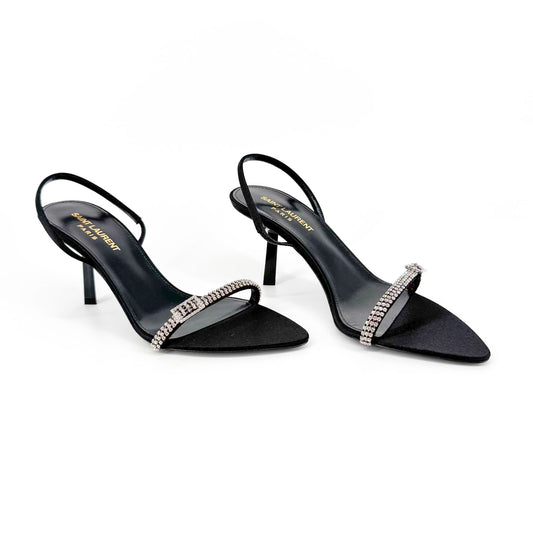 Saint Laurent Rendez Vous 75 Slingback Sandals in Black Satin with Crystals – Size 37
