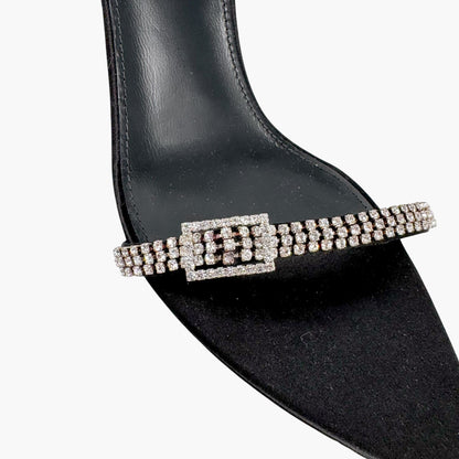 Saint Laurent Rendez Vous 75 Slingback Sandals in Black Satin with Crystals – Size 37