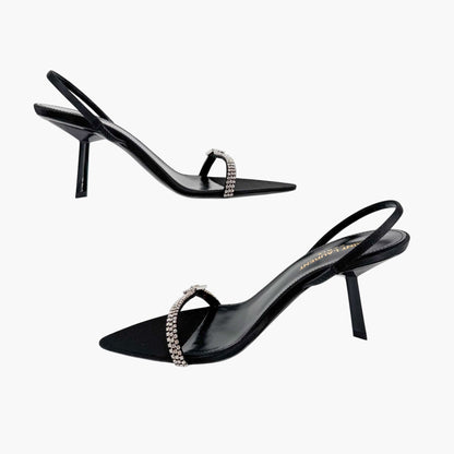 Saint Laurent Rendez Vous 75 Slingback Sandals in Black Satin with Crystals – Size 37