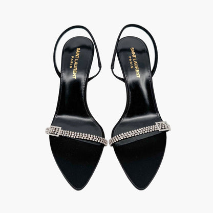 Saint Laurent Rendez Vous 75 Slingback Sandals in Black Satin with Crystals – Size 37