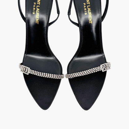 Saint Laurent Rendez Vous 75 Slingback Sandals in Black Satin with Crystals – Size 37