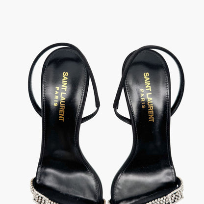 Saint Laurent Rendez Vous 75 Slingback Sandals in Black Satin with Crystals – Size 37