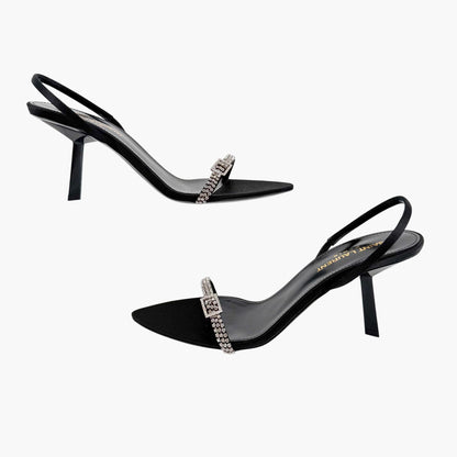 Saint Laurent Rendez Vous 75 Slingback Sandals in Black Satin with Crystals – Size 37