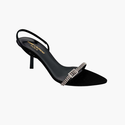 Saint Laurent Rendez Vous 75 Slingback Sandals in Black Satin with Crystals – Size 37