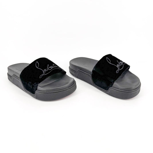 Christian Louboutin "Navy Pool" Logo Embroidered Slide Sandals in Black Velvet Size 37